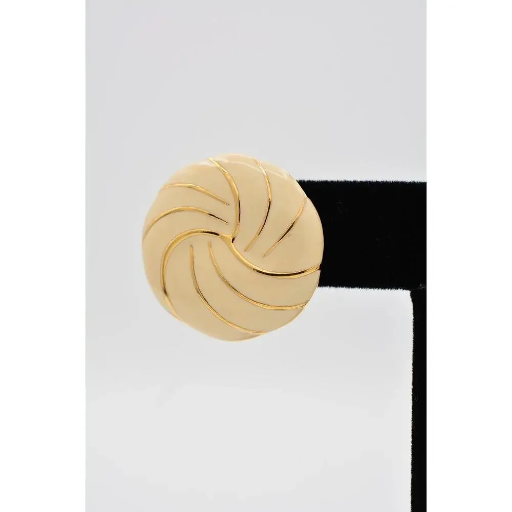 Napier Vintage Round Earrings Off White Enamel Stud Gold Tone Signed 1980s 9L